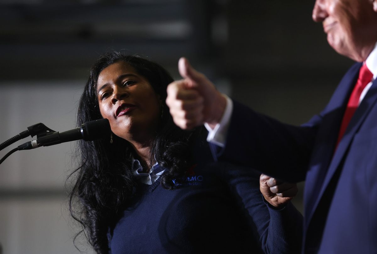 WASHINGTON, MICHIGAN - APRIL 02: Kristina Karamo, who is running for the Michigan Republican party's nomination for secretary of state, gets an endorsement from former President Donald Trump during a rally on April 02, 2022 near Washington, Michigan. (Scott Olson/Getty Images)