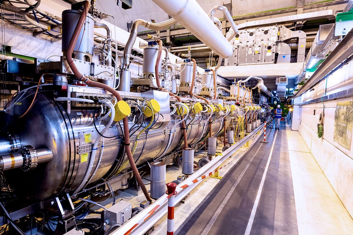 A part of complex Large Hadron Collider (LHC) is seen underground during the Open Days at the CERN particle physics research facility on September 14, 2019 in Meyrin, Switzerland. The 27km-long Large Hadron Collider is currently shut down for maintenance, which has created an opportunity to offer access to the public.  (Ronald Patrick/Getty Images)