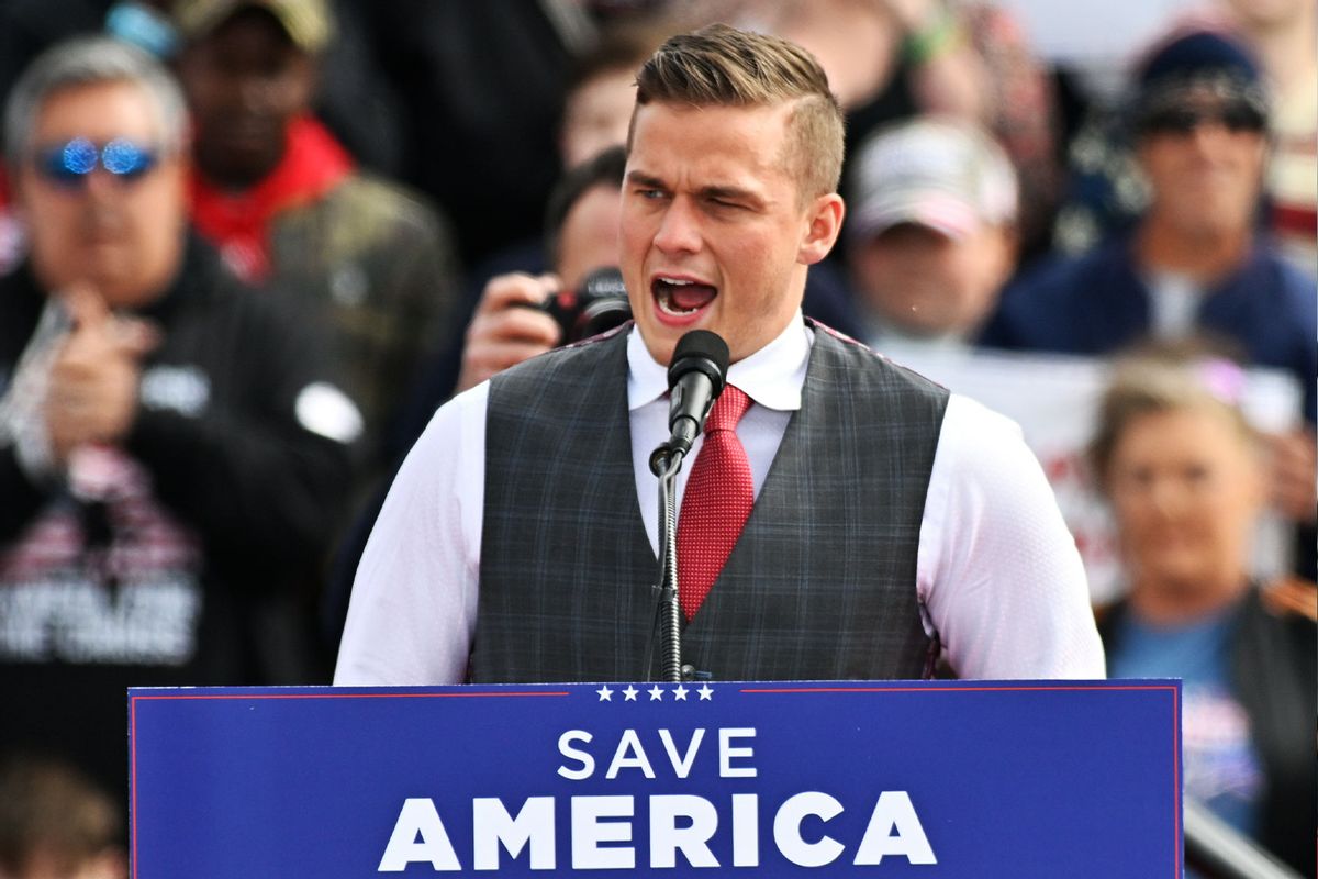 Madison Cawthorn speaks during former US President Donald Trump's rally sponsored by Save America with Ted Budd, Madison Cawthorn, Bo Hines, Dan Bishop, Mark Robinson and Greg Murphy in Selma, NC, on April 9, 2022. (Peter Zay/Anadolu Agency via Getty Images)
