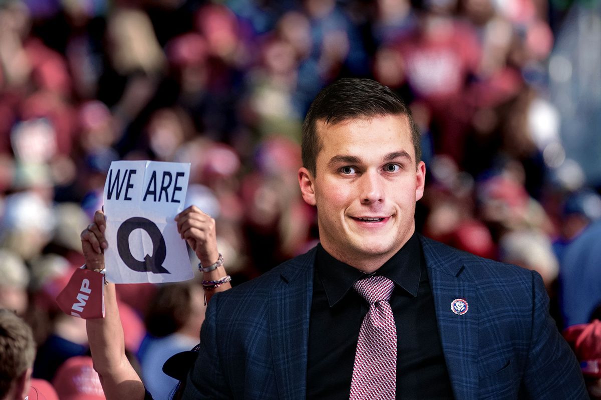 Rep. Madison Cawthorn, R-N.C. | A woman holding up a QAnon sign at a Trump rally (Photo illustration by Salon/Getty Images)