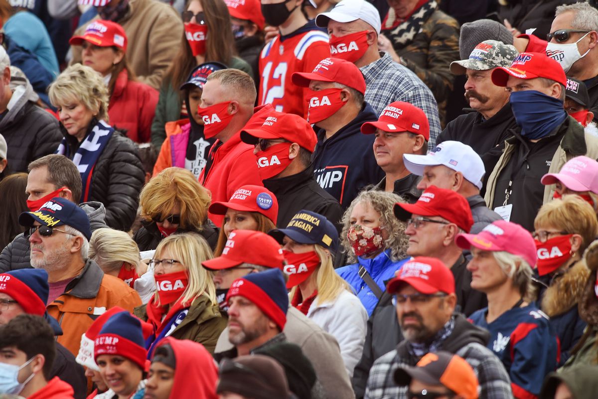 Supporters of President Donald J. Trump before the start of the rally. At the Reading Regional Airport in Bern Township, PA Saturday afternoon October 31, 2020 where United States President Donald J. Trump spoke during a campaign rally for his bid for reelection. (Ben Hasty/MediaNews Group/Reading Eagle via Getty Images)