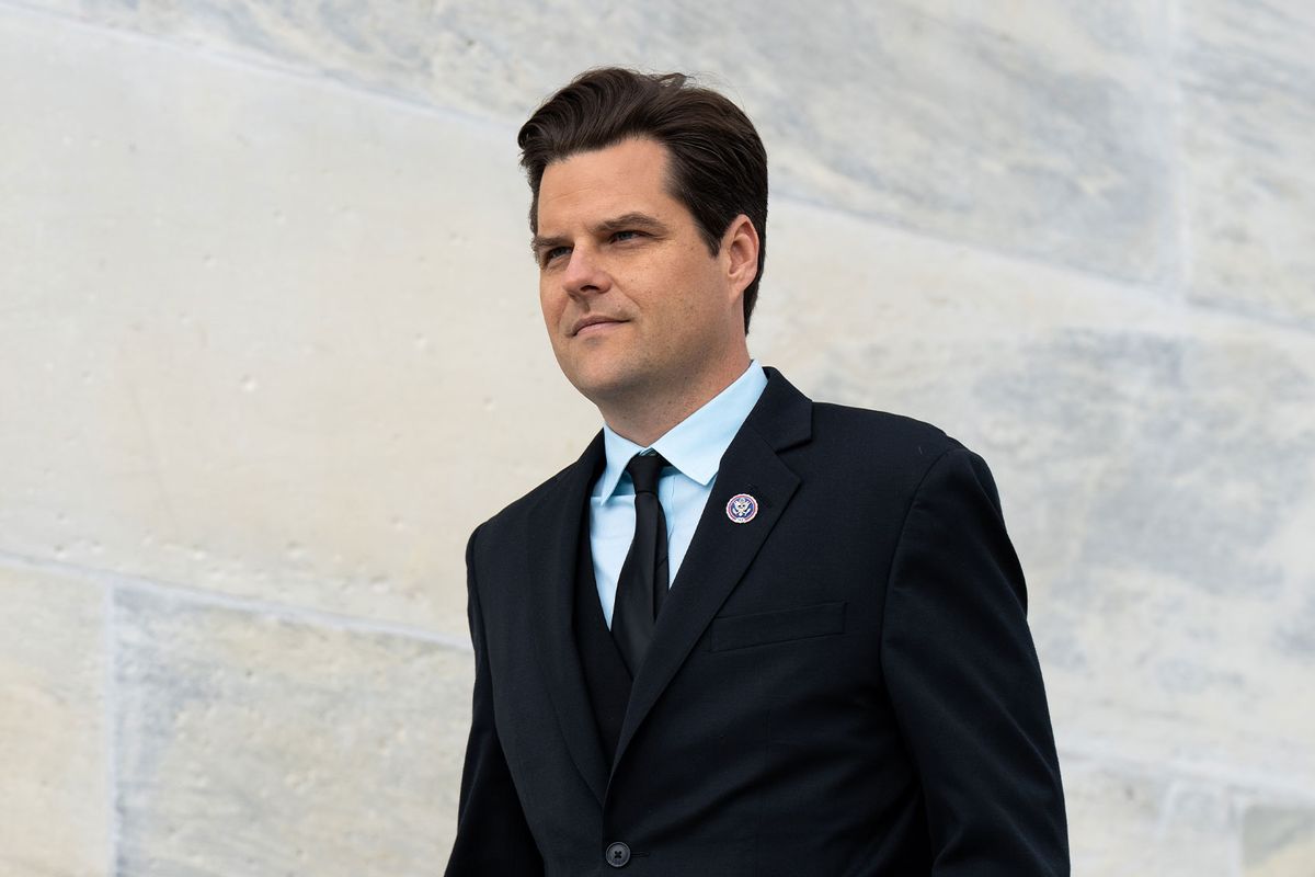 Matt Gaetz, R-Fla., walks down the House steps at the Capitol after the last votes of the week on Friday, April 1, 2022. (Bill Clark/CQ-Roll Call, Inc via Getty Images)