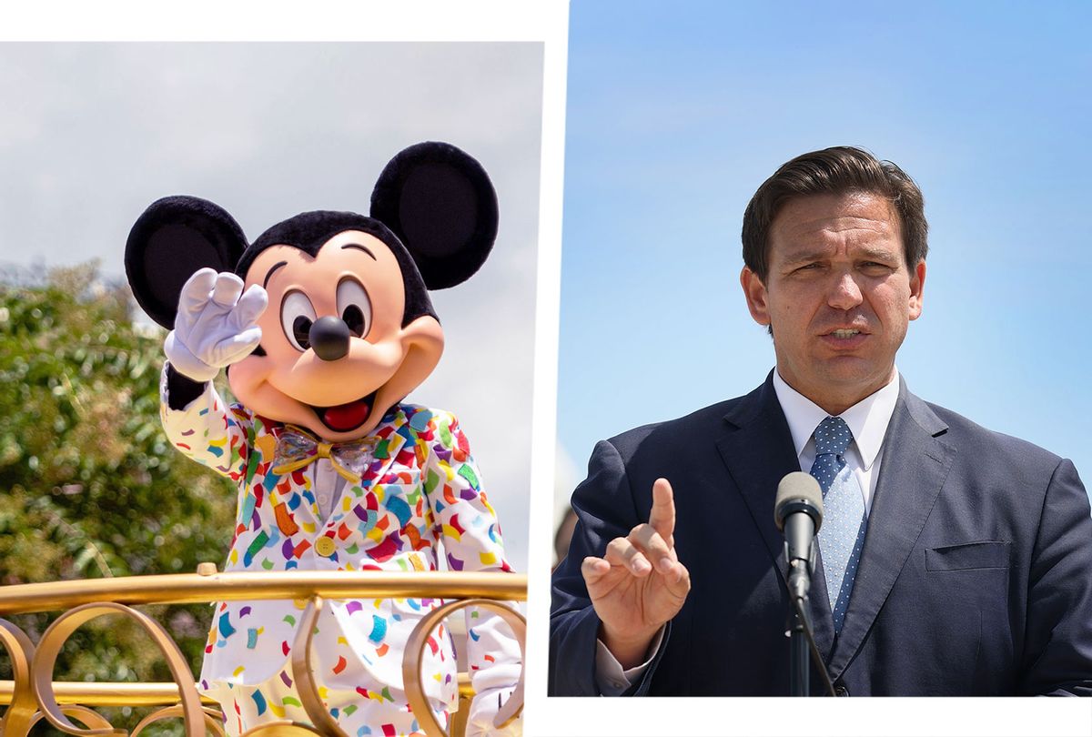Mickey Mouse stars in the "Mickey and Friends Cavalcade on July 2, 2020 in Lake Buena Vista, Florida. | Florida Gov. Ron DeSantis (Photo illustration by Salon/Getty Images)