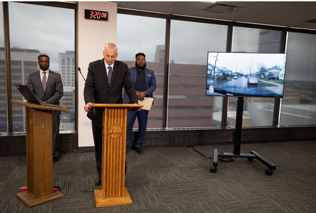 GRAND RAPIDS, MI - APRIL 13: Grand Rapids Police Chief Eric Winstrom (C) stands at a press conference while video footage is released of the police shooting of Patrick Lyoya on April 13, 2022 in Grand Rapids, Michigan. Lyoya, a 26-year old Black man, was shot and killed on April 4th by a Grand Rapids police officer following a traffic stop. The officer was alone at the time of the shooting and has been placed on administrative leave.  (Photo by Bill Pugliano/Getty Images)