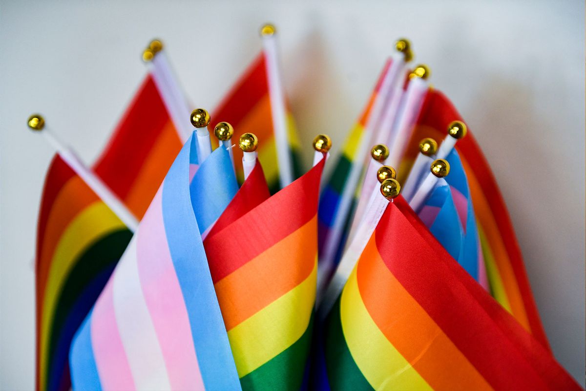 A detail photo of a collection of small Pride Flags, and Transgender Pride Flags. (Ben Hasty/MediaNews Group/Reading Eagle via Getty Images)