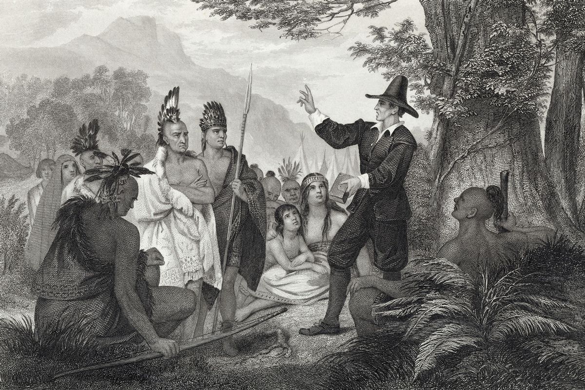 John Eliot, (1604-1690), American Puritan minister and missionary, preaching to the Algonquian Indians. (Bettmann/Getty Images)