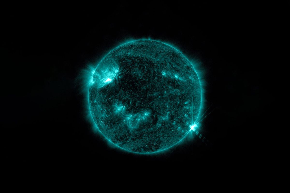 NASA’s Solar Dynamics Observatory captured this image of a solar flare – as seen in the bright flash in the lower right portion of the image– at 11:57 p.m. EST on April 19, 2022. The image shows a subset of extreme ultraviolet light that highlights the extremely hot material in flares and is colorized in SDO channel color blue. (NASA/SDO)