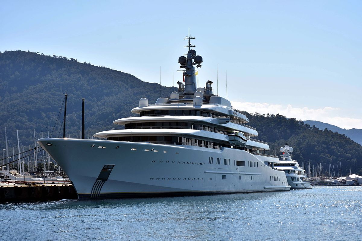 Eclipse, the private luxury yacht of Russian billionaire Roman Abramovich, anchors at Cruise Port in Marmaris district of Mugla, Turkiye on March 22, 2022. The 163-meter-long, 23 meters wide and 6 floors Eclipse, world's second-largest private yacht, attracts the attention of the people walking in the harbor. (Sabri Kesen/Anadolu Agency via Getty Images)