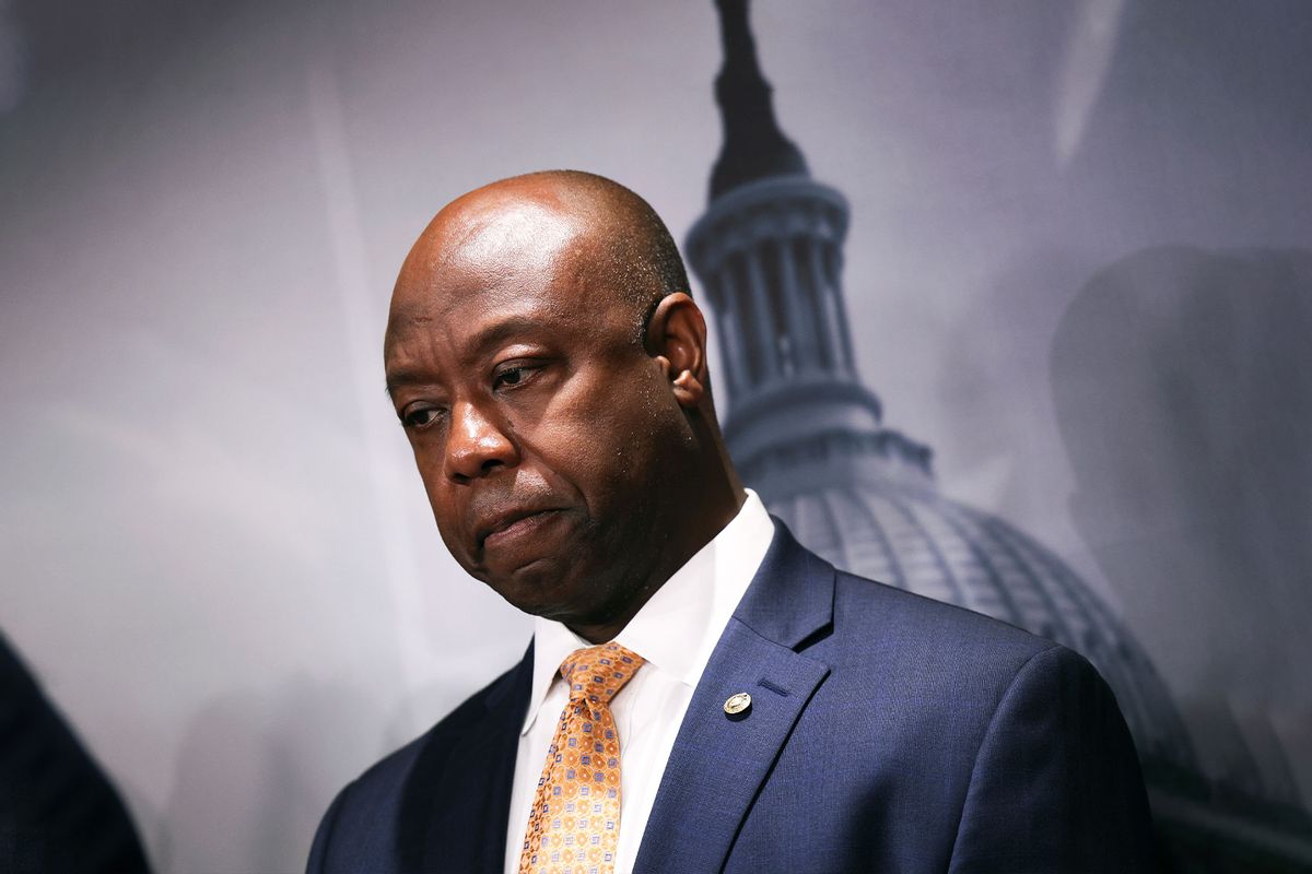 Sen. Tim Scott (R-SC) attends a press conference with fellow Republican Senators about the Senate Democrats at the U.S. Capitol on September 29, 2021 in Washington, DC. The Republican's accused the Democrats of failing to pass legislation to solve government spending and security issues. (Kevin Dietsch/Getty Images)