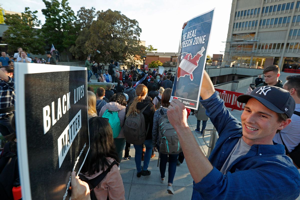 A counter protester confronts protesters that are demonstrating on the University of Utah campus against an event where right wing writer and commentator Ben Shapiro is speaking on September 27, 2017 in Salt Lake City, Utah. Campus authorities have increased security ahead of the appearance by Shapiro, a former editor-at-large for Breitbart News. (George Frey/Getty Images)