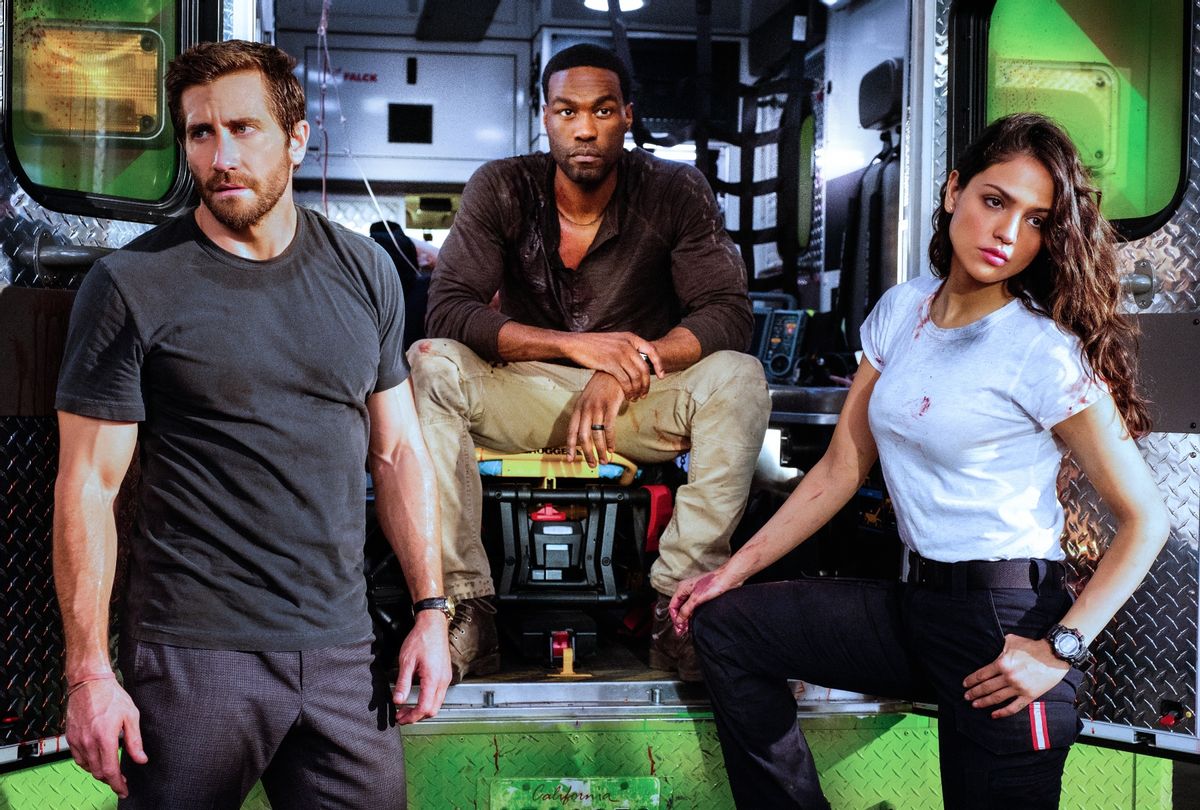 Jake Gyllenhaal as Danny Sharp, Yahya Abdul-Mateen II as Will Sharp and Eiza González as Cam Thompson in "Ambulance" (Andrew Cooper/Universal Pictures)