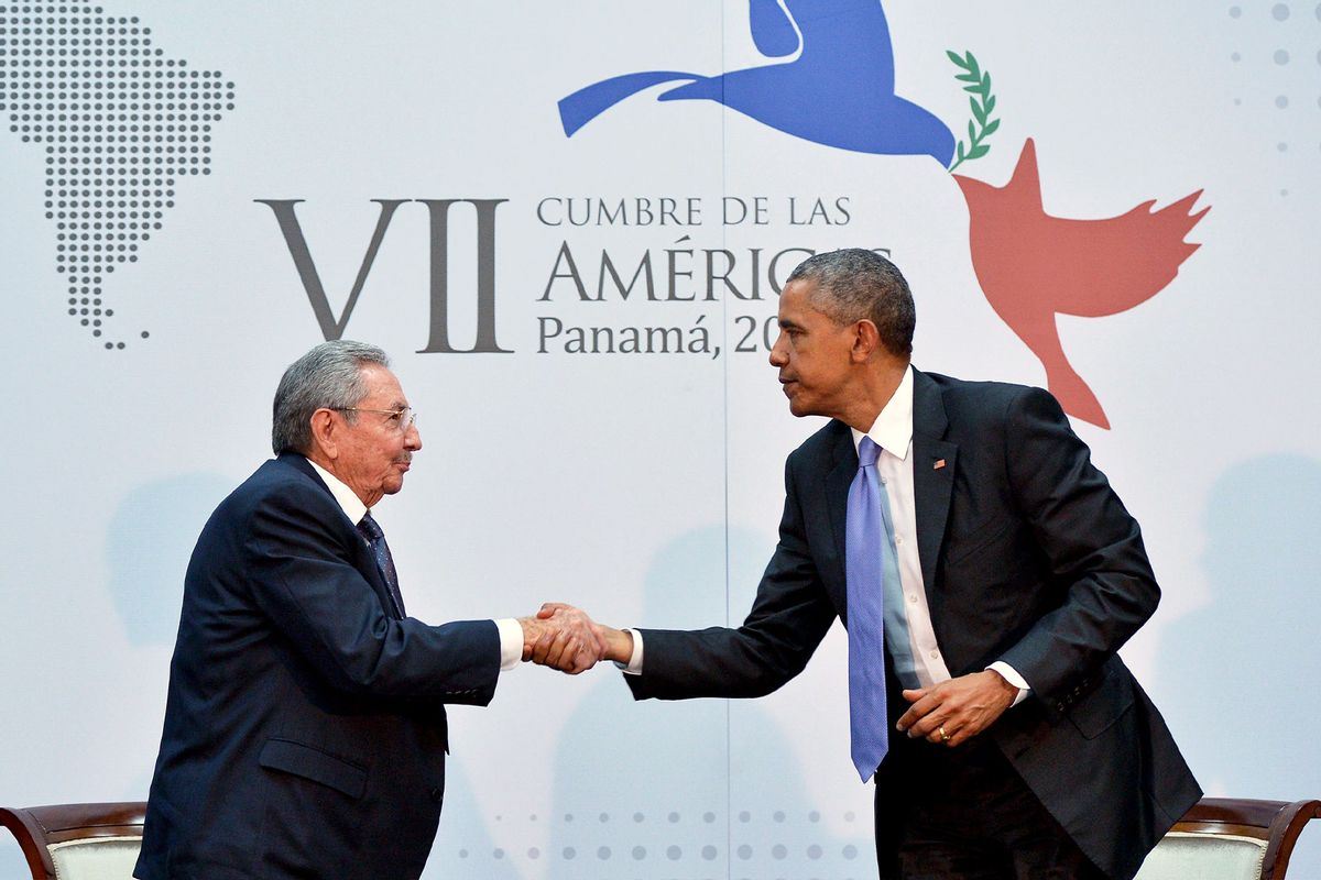 US President Barack Obama (R) shakes hands with Cuba's President Raul Castro (L) on the sidelines of the Summit of the Americas at the ATLAPA Convention Center on April 11, 2015 in Panama City. (MANDEL NGAN/AFP via Getty Images)