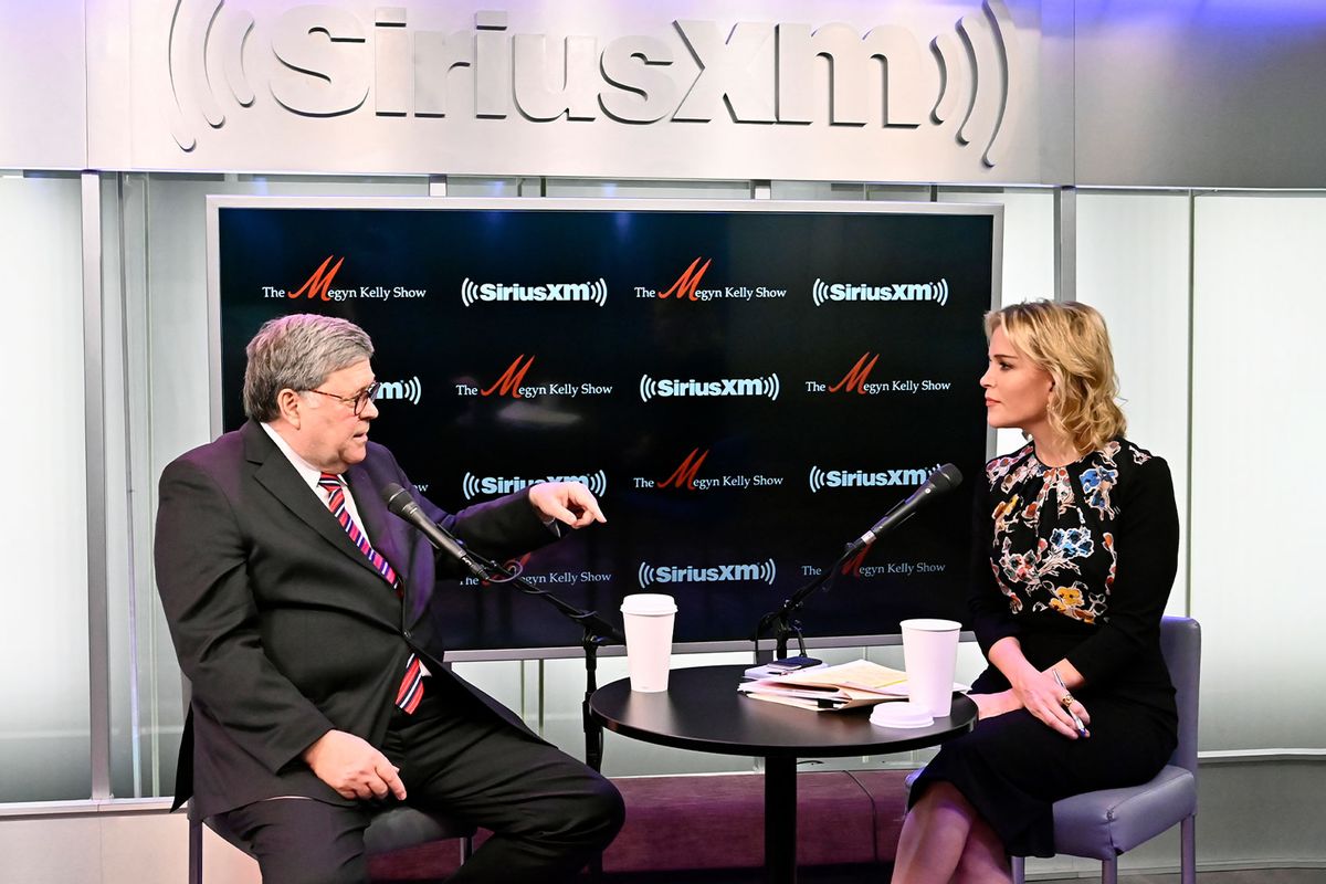 SiriusXM's Megyn Kelly talks with former Attorney General Bill Barr during a taping of The Megyn Kelly Show at SiriusXM studios on May 03, 2022 in New York City. (Astrid Stawiarz/Getty Images for SiriusXM)