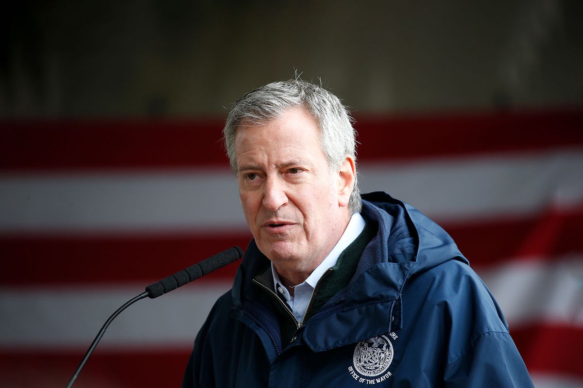 New York City Mayor Bill de Blasio speaks to the press as the USNS Comfort arrives at Pier 90 on March 30, 2020 in New York City. (John Lamparski/Getty Images)