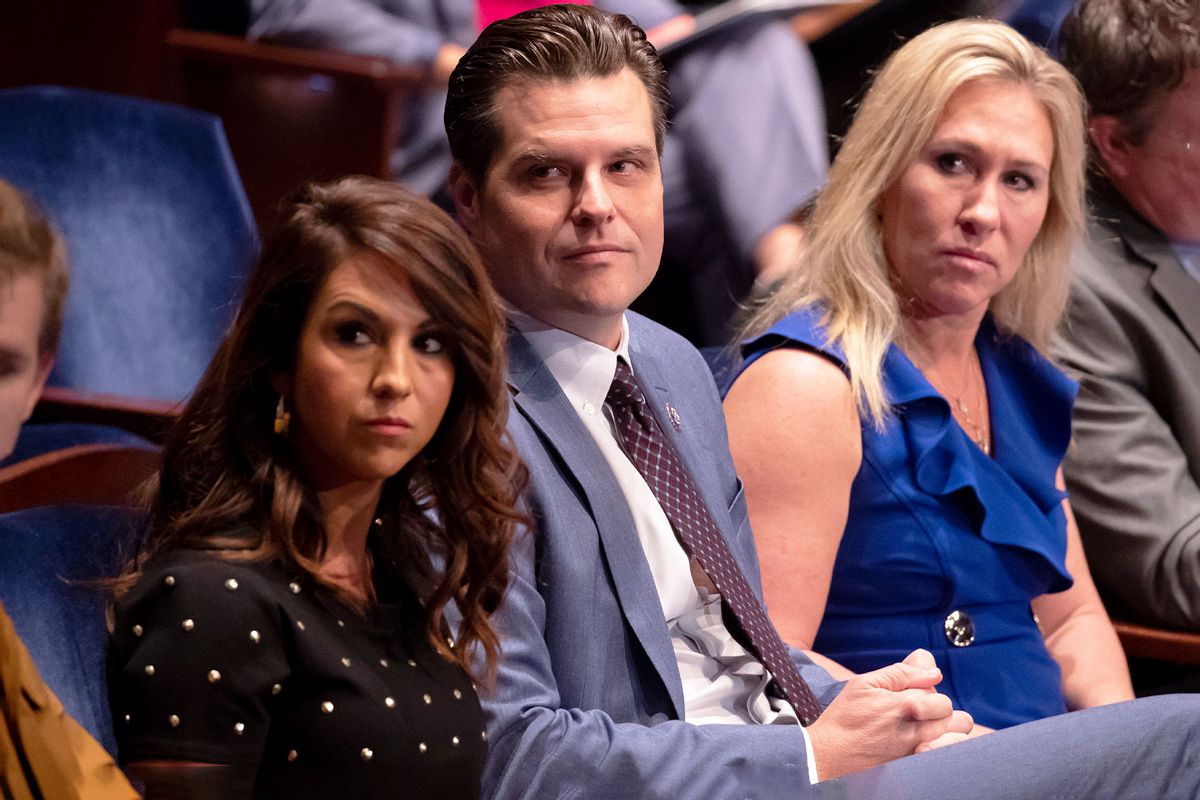 Rep. Lauren Boebert (R-CO), Rep. Matt Gaetz (R-FL) and Rep. Marjorie Taylor Greene (R-GA) attend a House Judiciary Committee hearing at the U.S. Capitol on October 21, 2021 in Washington, DC. (Michael Reynolds-Pool/Getty Images)