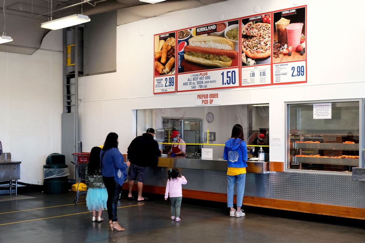 Customers line up with social distancing to purchase food at a Costco Wholesale store in San Mateo County, San Francisco Bay Area, the United States, May 21, 2020. (Xinhua/Wu Xiaoling via Getty Images)