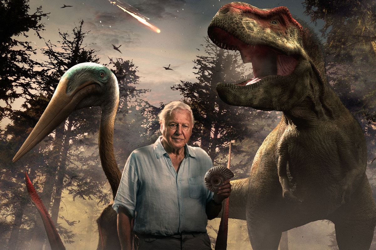 Sir David Attenborough holding an ammonite in his left hand looking to camera with VisFx Pterosaur and t. Rex behind him, with asteroid streaking through the sky. (Photo courtesy of BBC Studios)