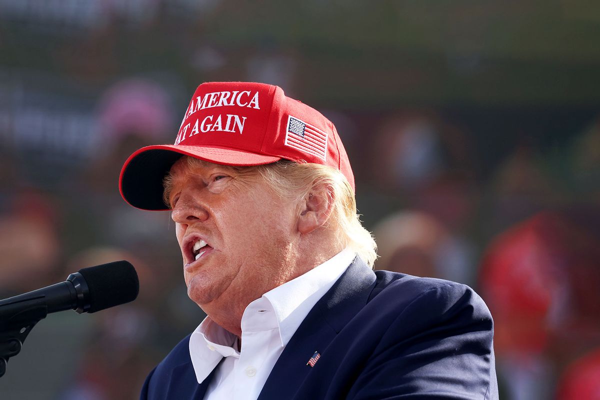 Former President Donald Trump speaks to supporters during a rally at the I-80 Speedway on May 01, 2022 in Greenwood, Nebraska. Trump is supporting Charles Herbster in the Nebraska gubernatorial race. (Scott Olson/Getty Images)