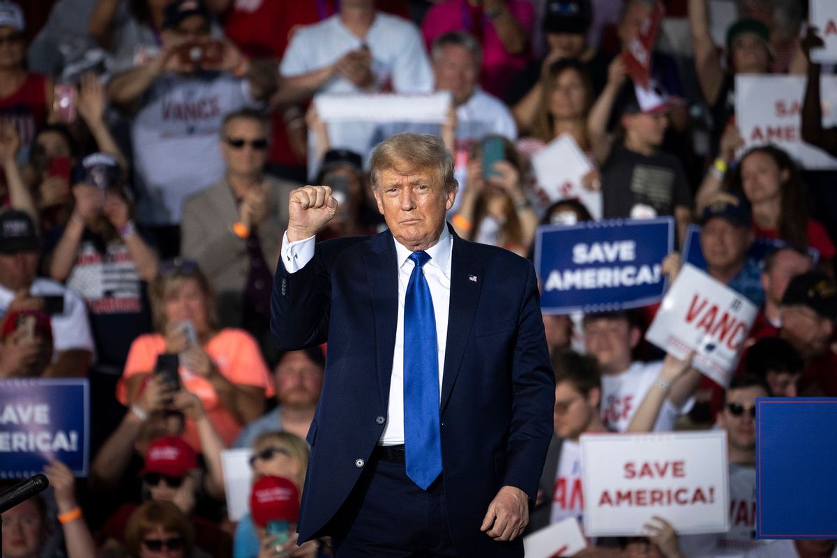 Former U.S. President Donald Trump gestures after speaking during a rally hosted by the former president at the Delaware County Fairgrounds on April 23, 2022 in Delaware, Ohio. (Drew Angerer/Getty Images)