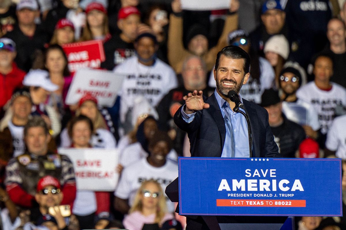 Donald Trump Jr. speaks during the 'Save America' rally at the Montgomery County Fairgrounds on January 29, 2022 in Conroe, Texas. (Brandon Bell/Getty Images)