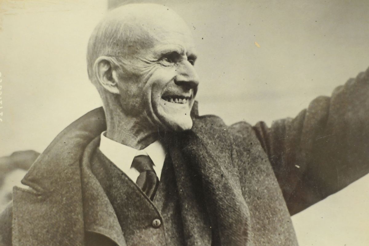 American labor leader, US Presidential candidate, and prominent socialist Eugene V. Debs (1855 - 1926) waves to supporters following his release from prison on Christmas Day, December 25, 1921. (PhotoQuest/Getty Images)