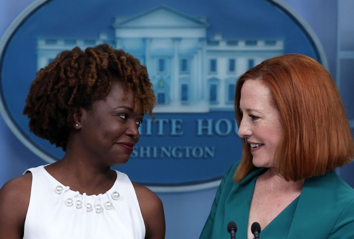 White House Press Secretary Jen Psaki (R) introduces Principal Deputy Press Secretary Karine Jean-Pierre (L) during a White House daily press briefing at the James S. Brady Press Briefing Room of the White House May 5, 2022 in Washington, DC ( Alex Wong/Getty Images)