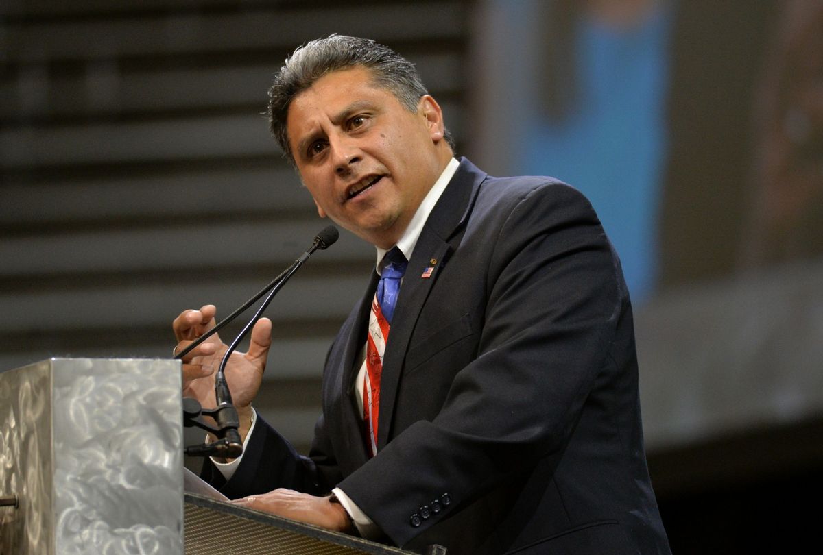 Greg Lopez, the former mayor of Parker, makes speech during Colorado Republican State Assembly at Coors Event Center. (Photo by Hyoung Chang/The Denver Post via Getty Images)
