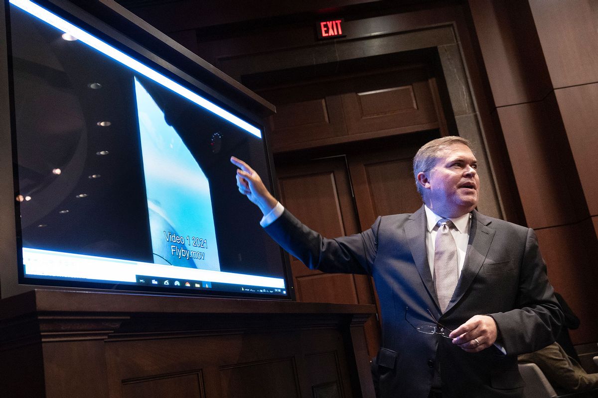 U.S. Deputy Director of Naval Intelligence Scott Bray explains a video of unidentified aerial phenomena, as he testifies before a House Intelligence Committee subcommittee hearing at the U.S. Capitol on May 17, 2022 in Washington, DC. (Kevin Dietsch/Getty Images)