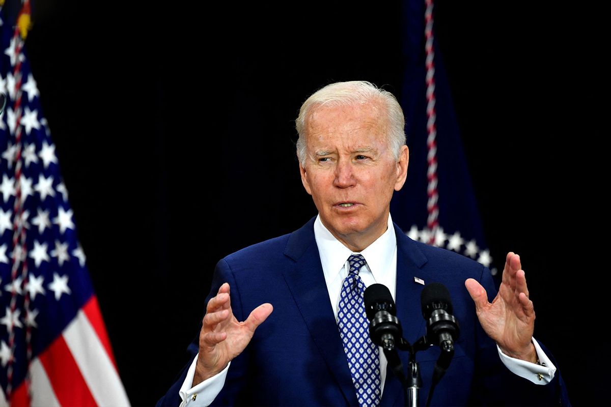 US President Joe Biden delivers remarks after visiting a memorial near a Tops grocery store in Buffalo, New York, on May 17, 2022. (NICHOLAS KAMM/AFP via Getty Images)