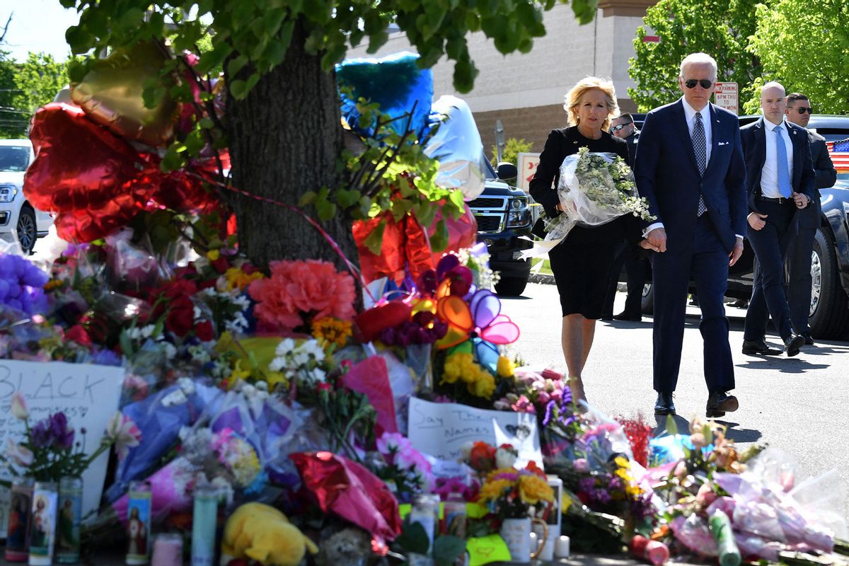 US President Joe Biden and US First Lady Jill Biden arrive to a memorial near a Tops grocery store in Buffalo, New York, on May 17, 2022. (NICHOLAS KAMM/AFP via Getty Images)
