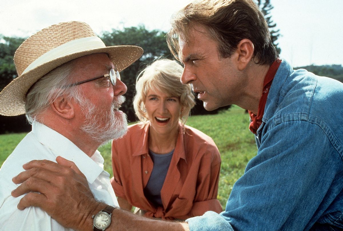 Richard Attenborough, Laura Dern and Sam Neill in a scene from "Jurassic Park," 1993 (Universal/Getty Images)