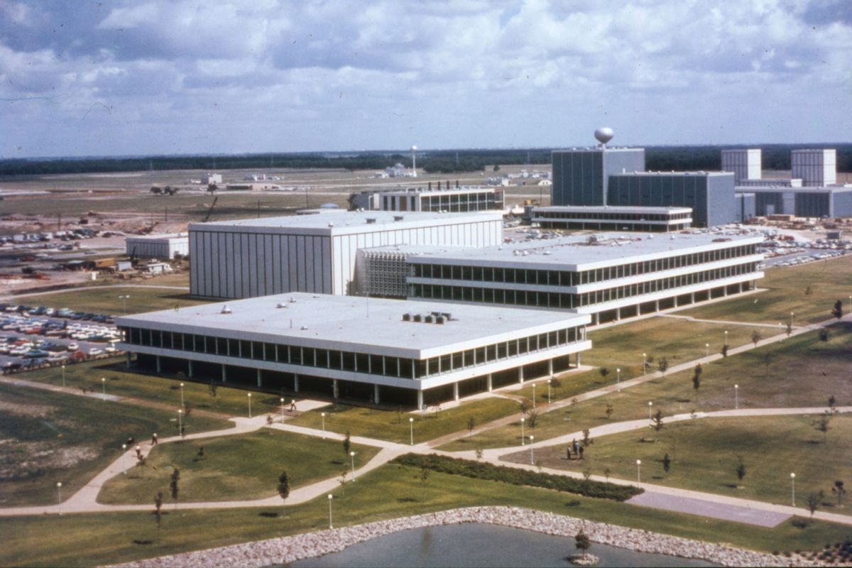 Aerial view, looking northwest, across part of NASA's Manned Space Center (later renamed the Lyndon B Johnson Space Center) campus, Houston, Texas, 1960s. (NASA/Interim Archives/Getty Images)