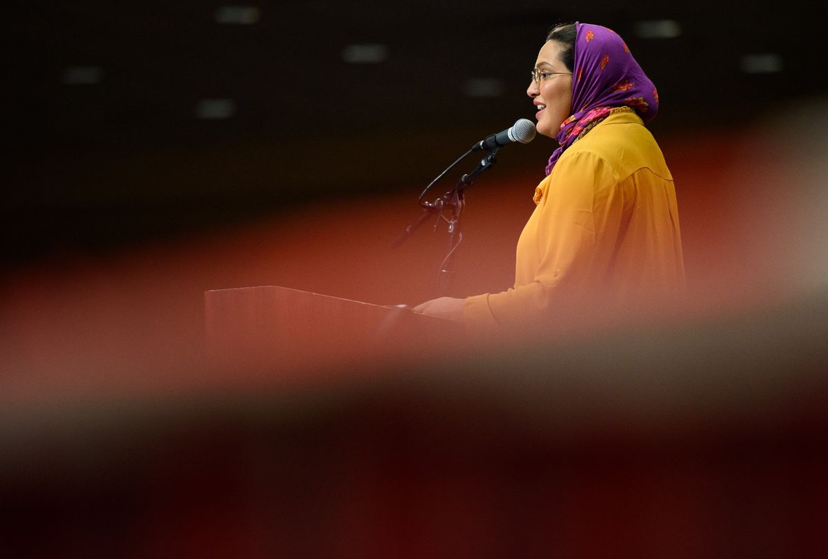 Durham County Commissioner Nida Allam addresses supporters of Democratic presidential candidate Sen. Bernie Sanders (I-VT) on February 14, 2020 in Durham, North Carolina. (Photo by Melissa Sue Gerrits/Getty Images)