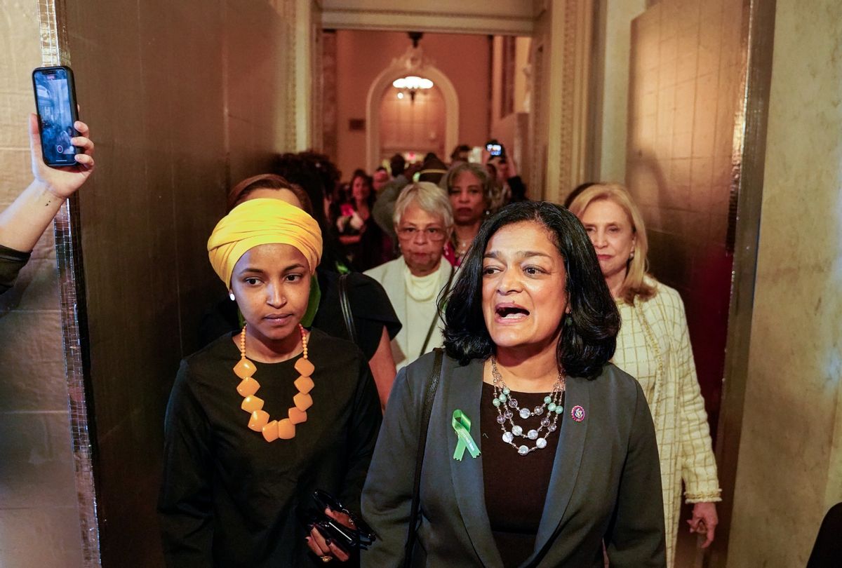 Rep. Pramila Jayapal (D-Wash.) and members of the US House of Representatives protest near the Senate Chamber ahead of a vote on an abortion rights bill on Capitol Hill on Tuesday, May 11, 2022. (Photo by Jabin Botsford/The Washington Post via Getty Images)