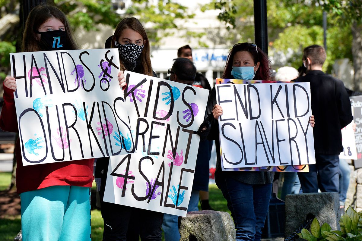 "Save the Children Rally" in Keene, New Hampshire Demonstrators on September 19, 2020. Anti-pedophilia protests are flaring in the US where the QAnon movement started. (JOSEPH PREZIOSO/AFP via Getty Images)
