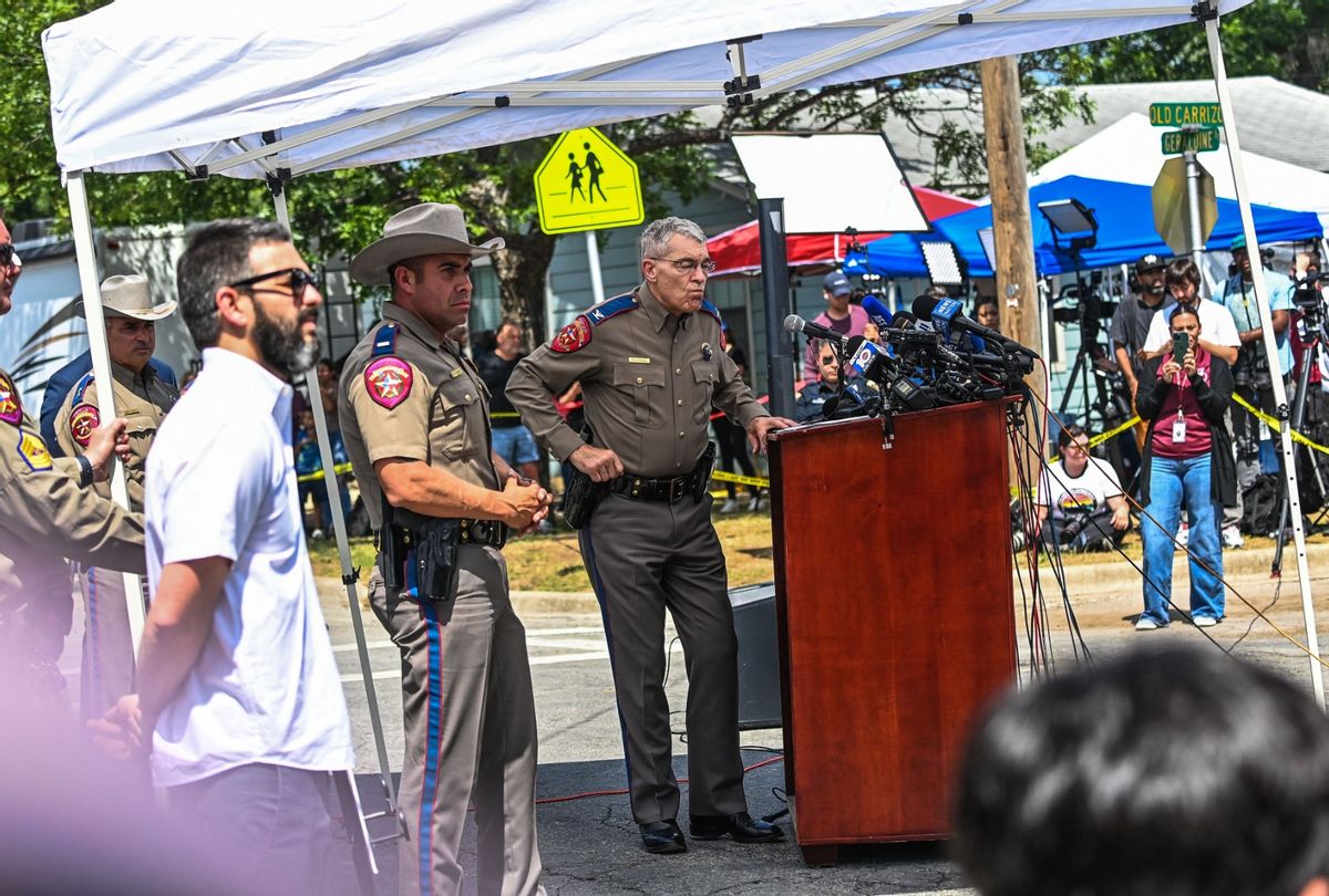 Director and Colonel of the Texas Department of Public Safety Steven C. McCraw listens during a press conference outside Robb Elementary School in Uvalde, Texas, on May 27, 2022. (Photo by CHANDAN KHANNA/AFP via Getty Images)