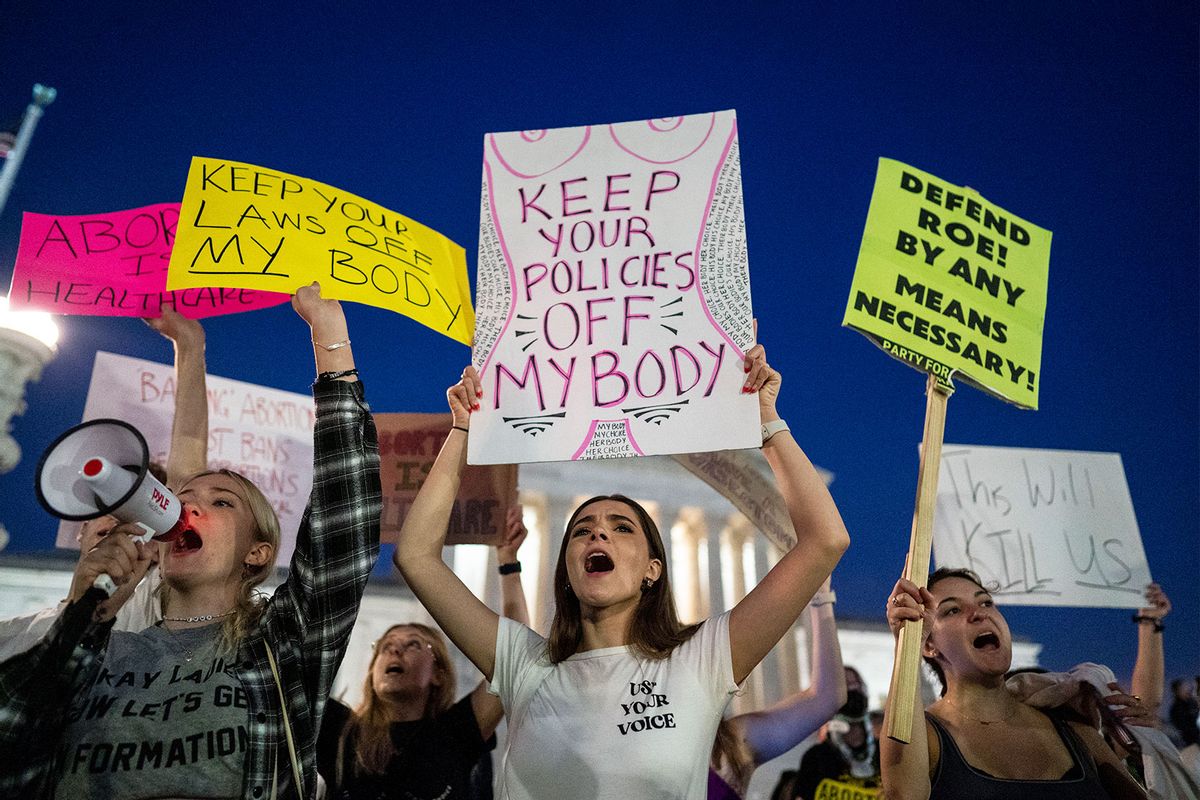 Pro-choice demonstrators, including Emma Harris, left, and Ellie Small, center, both students at George Washington University gather in front of the Supreme Court of the United States on Tuesday, May 3, 2022 in Washington, DC. (Kent Nishimura / Los Angeles Times via Getty Images)