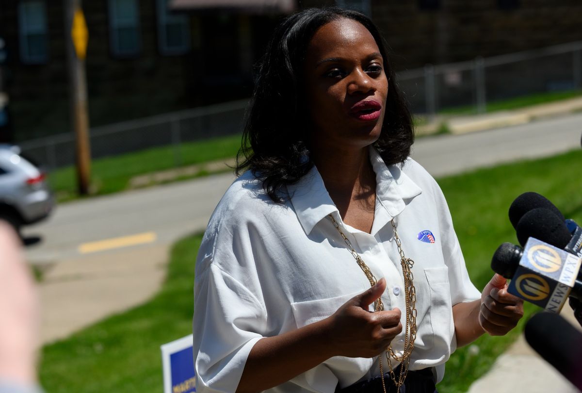 Pennsylvania Democratic Congressional candidate, state Rep. Summer Lee talks to the press outside her polling station. (Photo by Jeff Swensen/Getty Images)
