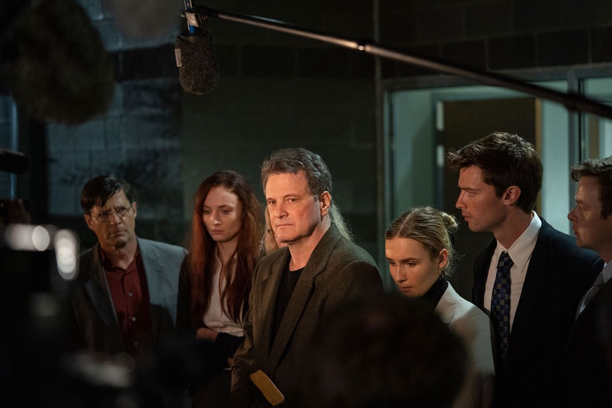 Tim Guinee, Sophie Turner, Colin Firth, Olivia DeJonge and Patrick Schwarzenegger in "The Staircase" (HBO Max)