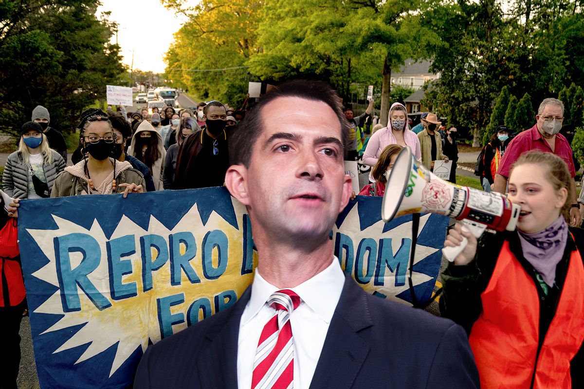 Sen. Tom Cotton (R-AR) | Abortion-rights advocates mach in the street to stage a protest outside the house of Supreme Court Associate Justice Samuel Alito in the Fort Hunt neighborhood on Monday, May 9, 2022 in Alexandria, VA. (Photo illustration by Salon/Getty Images)