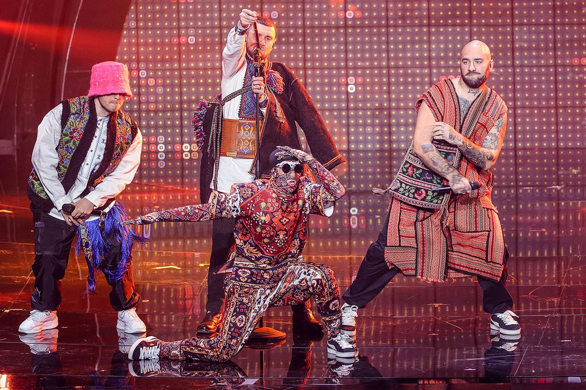 Kalush Orchestra from Ukraine performs the song "Stefania" at the first semi-final of the Eurovision Song Contest (ESC). (Jens Büttner/picture alliance via Getty Images)