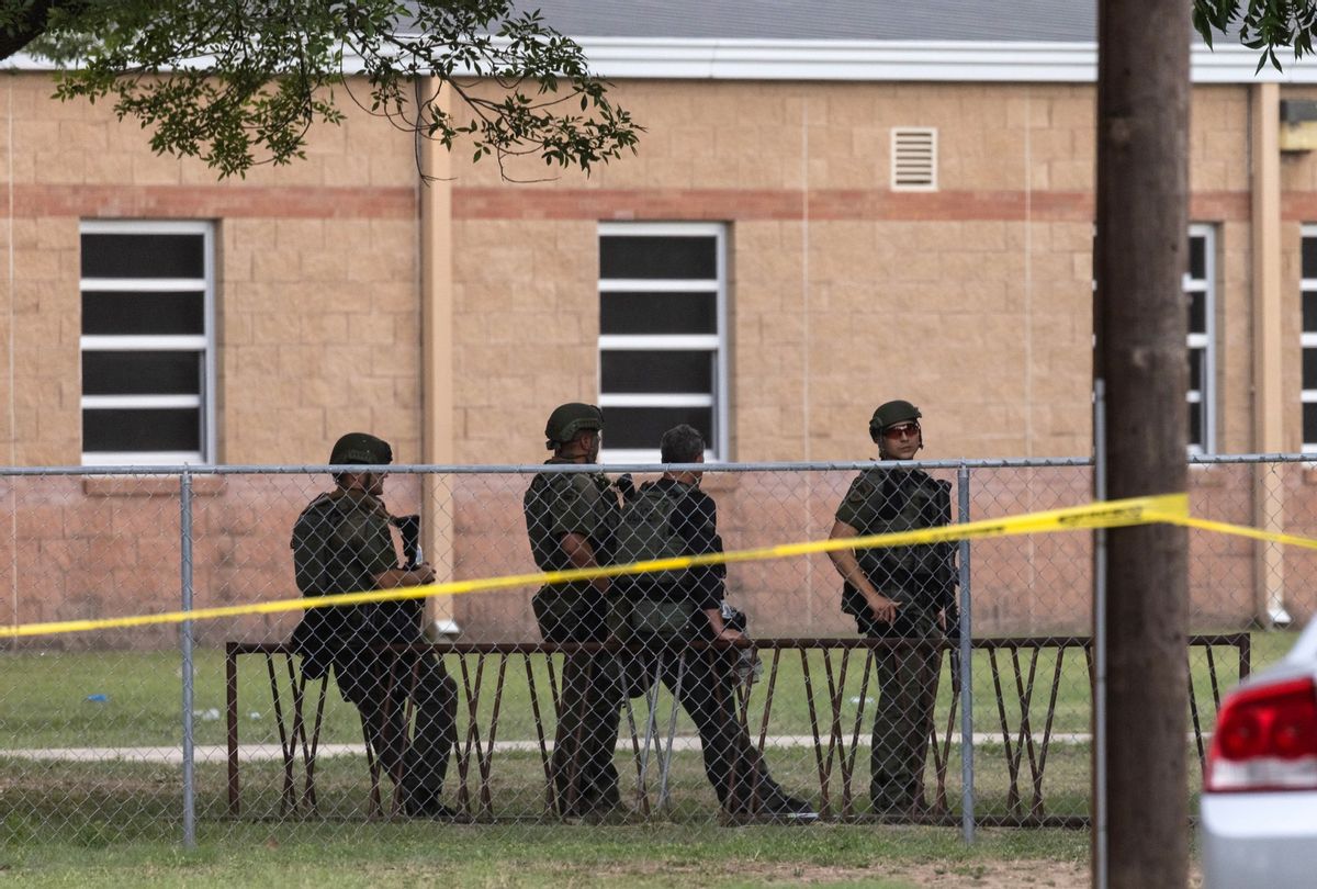 Law enforcement work the scene after a mass shooting at Robb Elementary School on May 24, 2022 in Uvalde, Texas. (Photo by Jordan Vonderhaar/Getty Images)