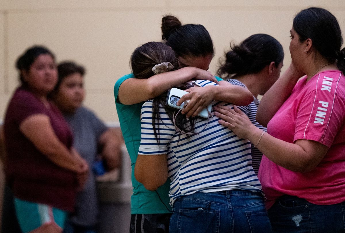 MAY 24: People mourn outside of the SSGT Willie de Leon Civic Center following the mass shooting at Robb Elementary School on May 24, 2022 in Uvalde, Texas. (Photo by Brandon Bell/Getty Images)