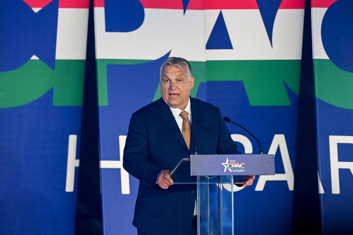 Hungarian Prime Minister Viktor Orban addresses a keynote speech during an extraordinary session of the Conservative Political Action Conference (CPAC) at the Balna cultural centre of Budapest, Hungary on May 19, 2022. (ATTILA KISBENEDEK/AFP via Getty Images)