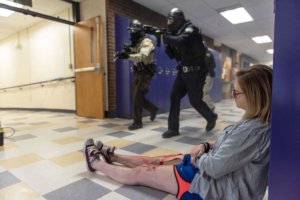 An active shooter drill is performed by the Livingston Police Department, the Park County Sheriff's Office, and Livingston Fire Department EMS at Park High School on April 27, 2018 in Livingston, Montana. (William Campbell/Corbis via Getty Images)