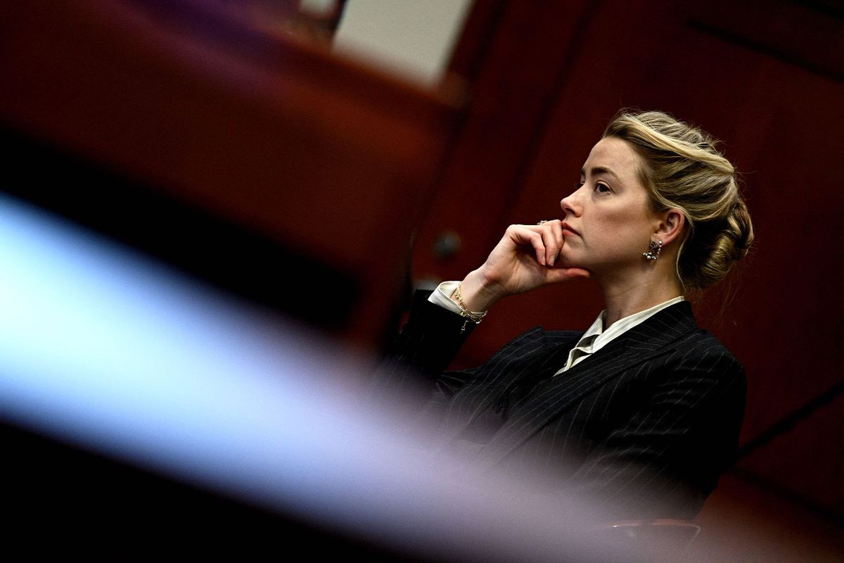 US actress Amber Heard looks on in the courtroom at the Fairfax County Circuit Courthouse in Fairfax, Virginia, on May 17, 2022. (BRENDAN SMIALOWSKI/POOL/AFP via Getty Images)