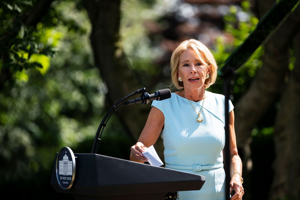 Betsy DeVos speaks in the Rose Garden at the White House on Thursday, July 09, 2020 in Washington, DC. (Jabin Botsford/The Washington Post via Getty Images)