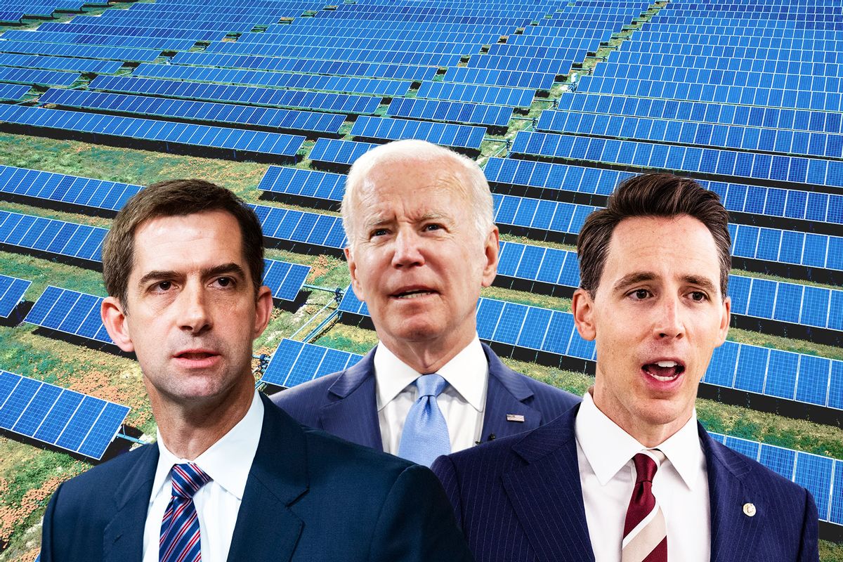 Tom Cotton, Joe Biden and Josh Hawley | Aerial view of solar power plant outside of Lancaster area of Southern California (Photo illustration by Salon/Getty Images)