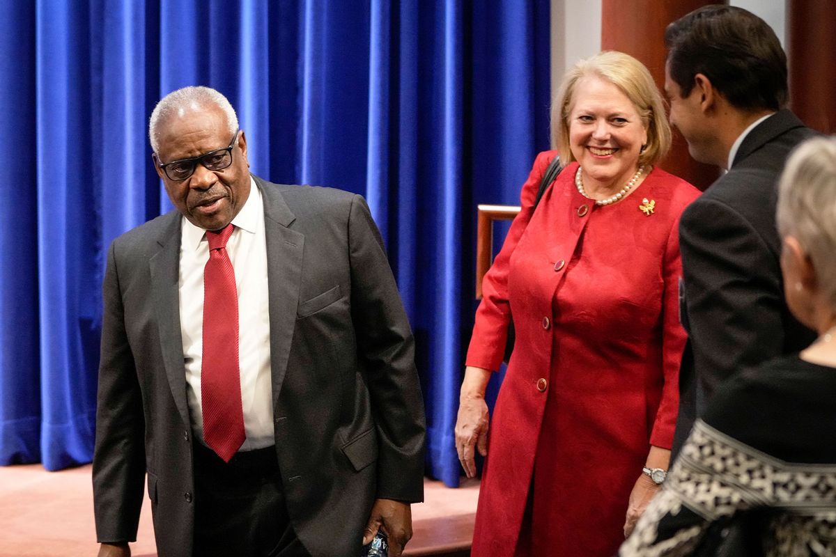 Associate Supreme Court Justice Clarence Thomas and his wife and conservative activist Virginia Thomas arrive at the Heritage Foundation on October 21, 2021 in Washington, DC. (Drew Angerer/Getty Images)
