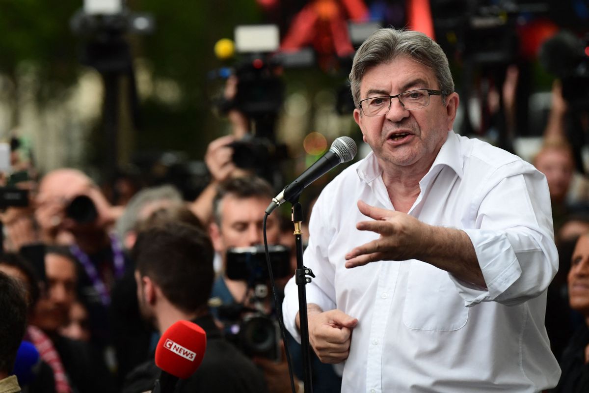 Jean-Luc Mélenchon, leader of the left-wing NUPES coalition in France, delivers a speech in Paris on June 19, after the first results of the second round of parliamentary elections. (Bertrand Guay/AFP via Getty Images)